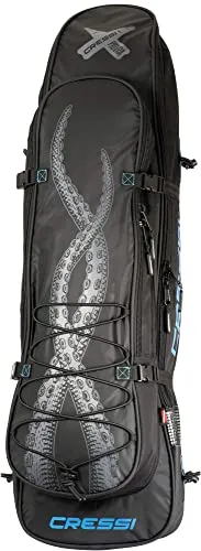 Cressi Freediving Waterproof Backpack - Main Compartment Fits Long Blade Fins - Cooler-Type Front Compartment - Piovra XL: Designed in Italy,Black/Blue