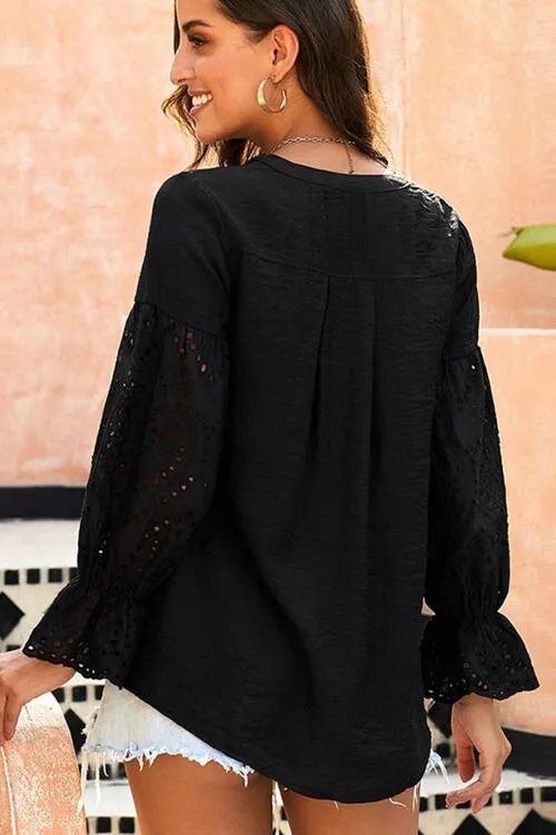Crochet Flounce Sleeve Button Up Blouse (3 colors)