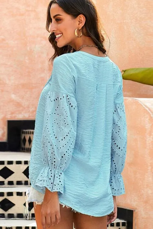Crochet Flounce Sleeve Button Up Blouse (3 colors)