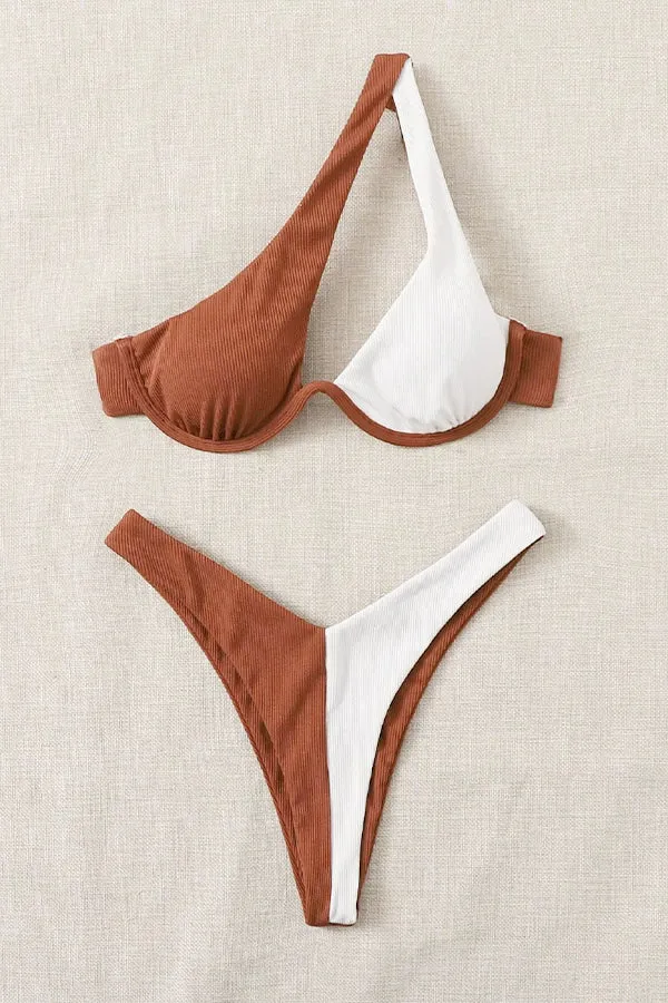 Cross-Shoulder Stitching Double Color One-Shoulder Bikini