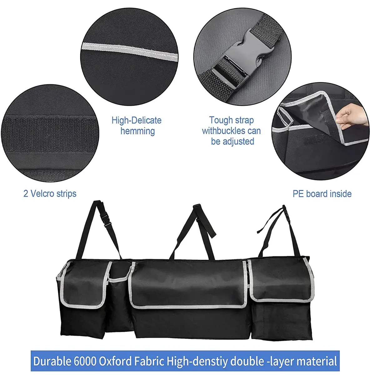 Custom Text Car Trunk Hanging Organizer, Thick Backseat Trunk Storage Bag with 4 Pockets and 3 Adjustable Shoulder Straps, Foldable Car Trunk Interior Accessories Releases Your Trunk Space