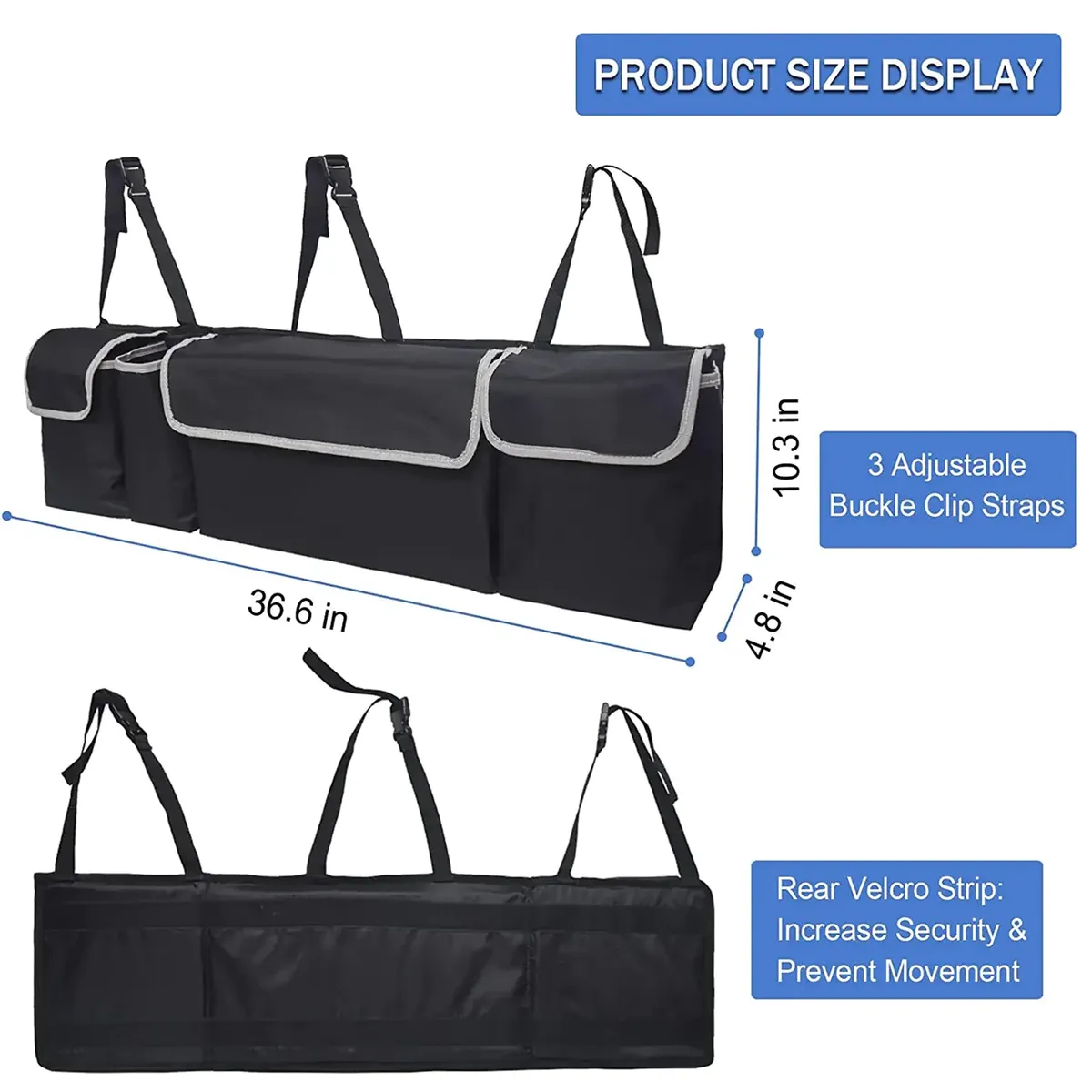 Custom Text Car Trunk Hanging Organizer, Thick Backseat Trunk Storage Bag with 4 Pockets and 3 Adjustable Shoulder Straps, Foldable Car Trunk Interior Accessories Releases Your Trunk Space