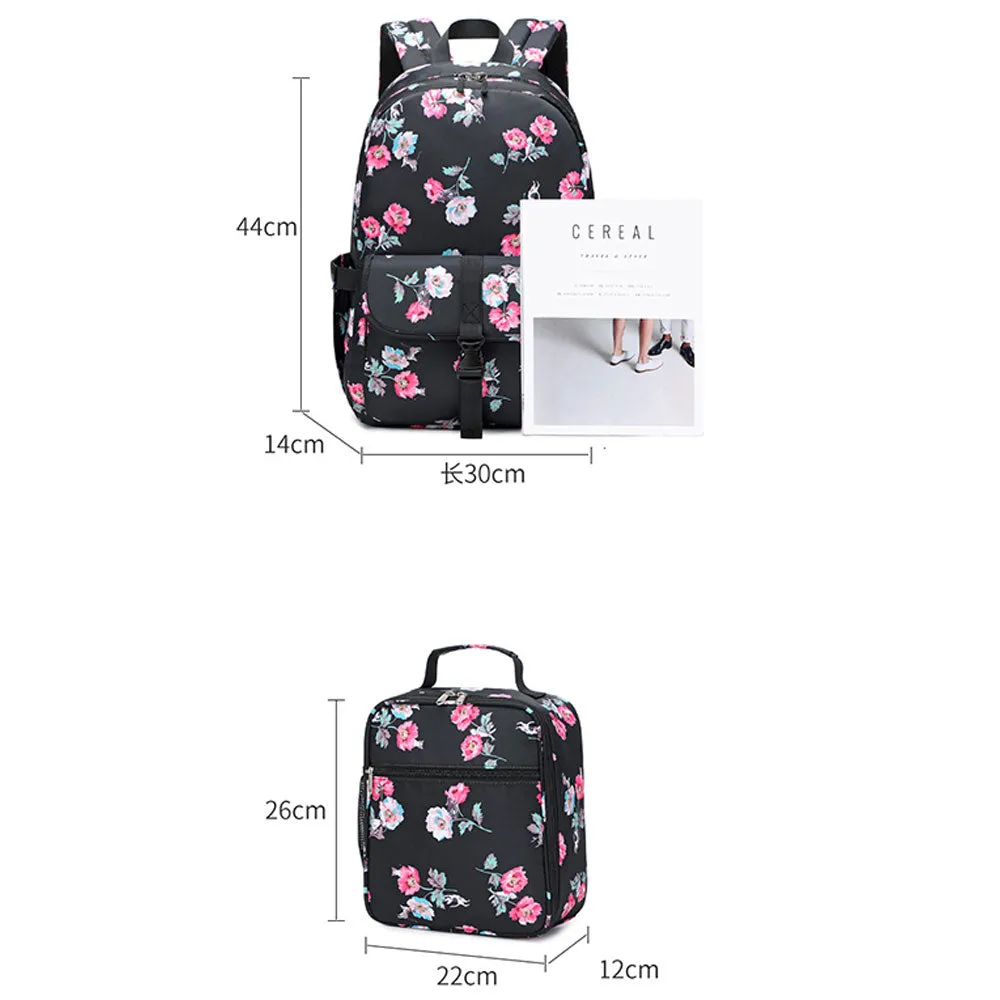 Cute Floral Bookbag for Teen Girls Lightweight Lunch Box Pencil Case