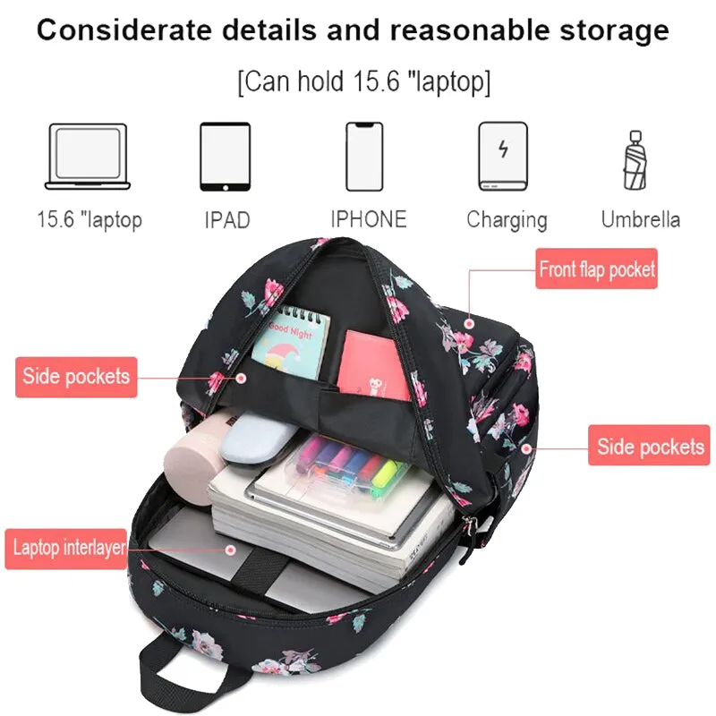 Cute Floral Bookbag for Teen Girls Lightweight Lunch Box Pencil Case