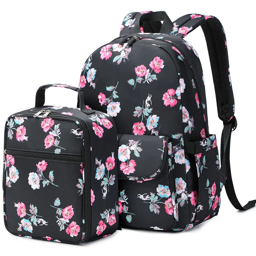 Cute Floral Bookbag for Teen Girls Lightweight Lunch Box Pencil Case
