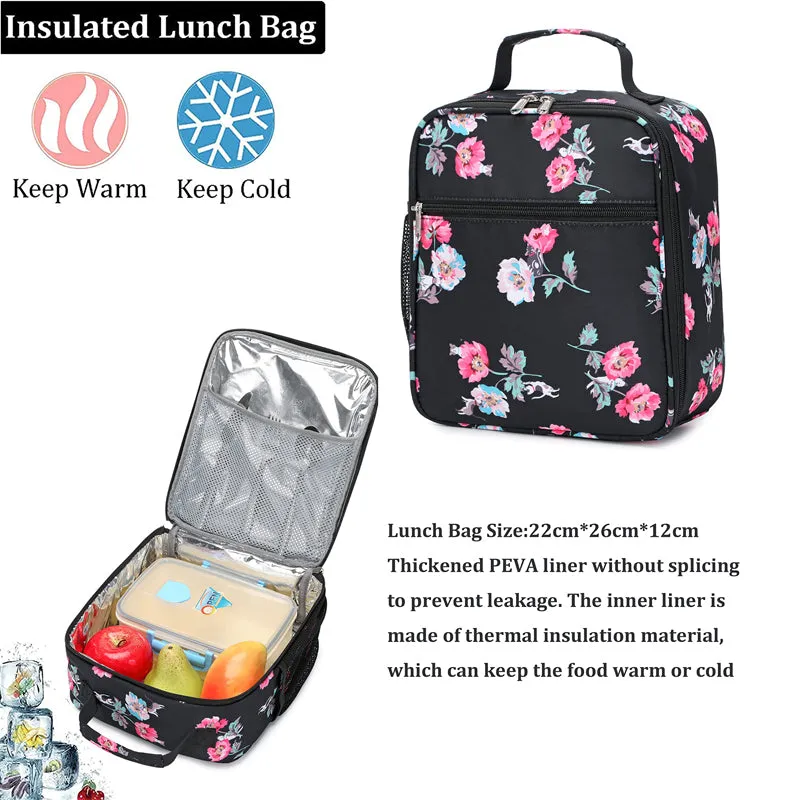 Cute Floral Bookbag for Teen Girls Lightweight Lunch Box Pencil Case