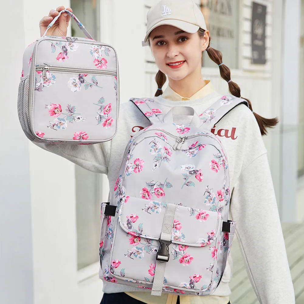 Cute Floral Bookbag for Teen Girls Lightweight Lunch Box Pencil Case