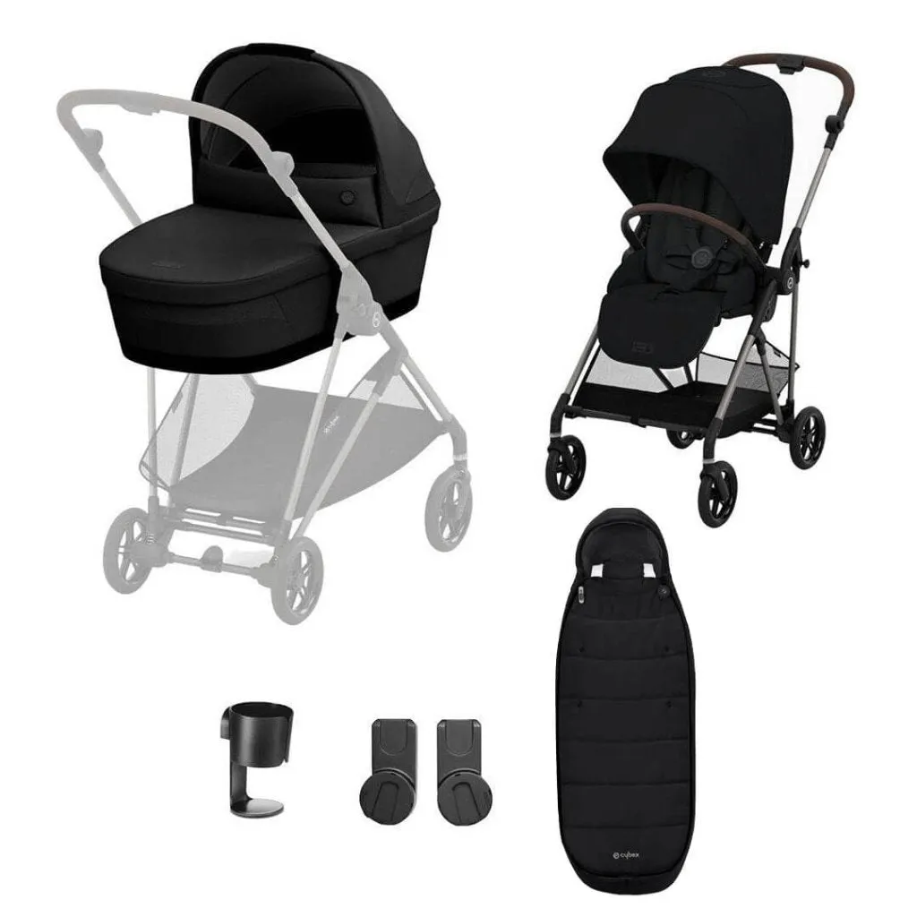 Cybex Melio Travel System Essential Bundle with Gold Footmuff - Moon Black
