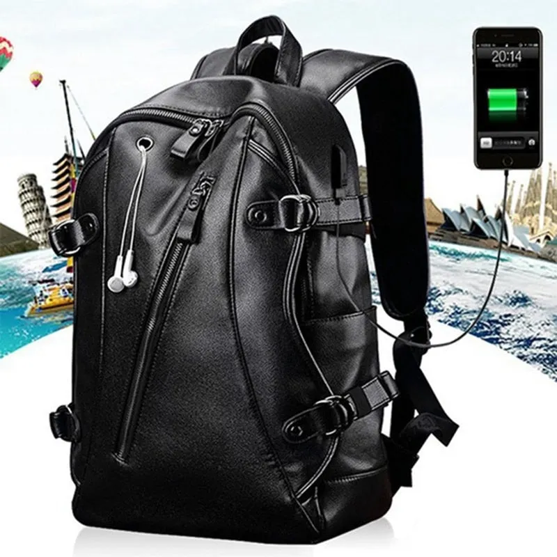 Cyflymder Men Backpack External Usb Charge Waterproof Backpack Fashion Pu Leather Travel Bag Casual School Bag Leather Bookbag