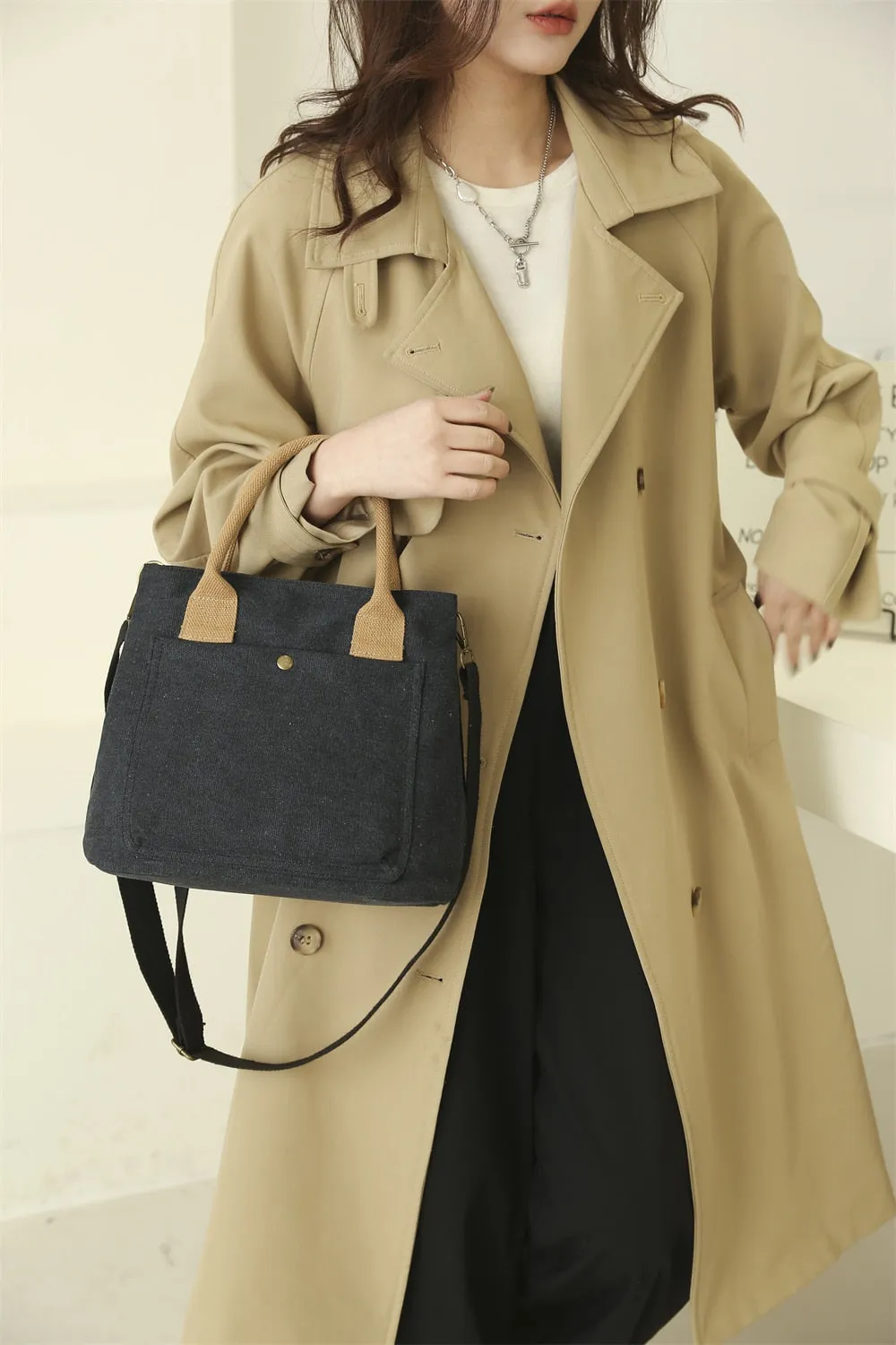 Cyflymder Mini Tote Bags For Women Simple Fashion Canvas Black Shoulder Messenger Bag Plain Color Multi Pockets Handbags Bolso Mujer