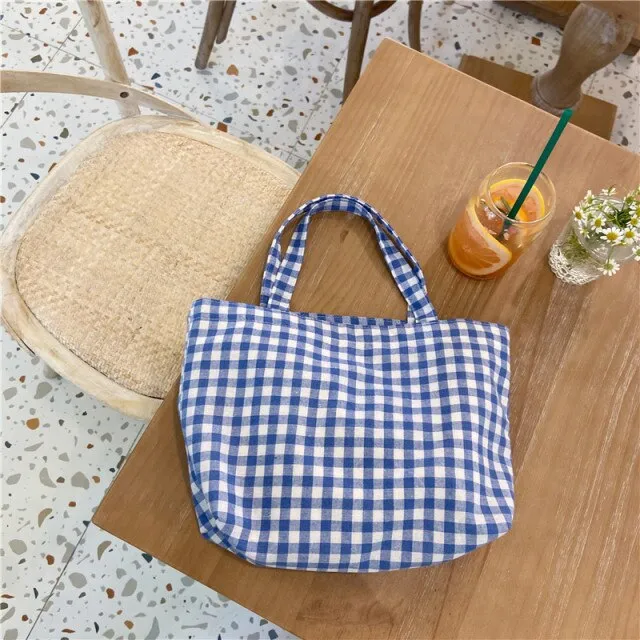Cyflymder Portable Cotton Women Lunch Bento Bag Vintage Plaid Canvas Ladies Small Handbags Simple Female Cloth Mini Tote Bag Clutch Purse