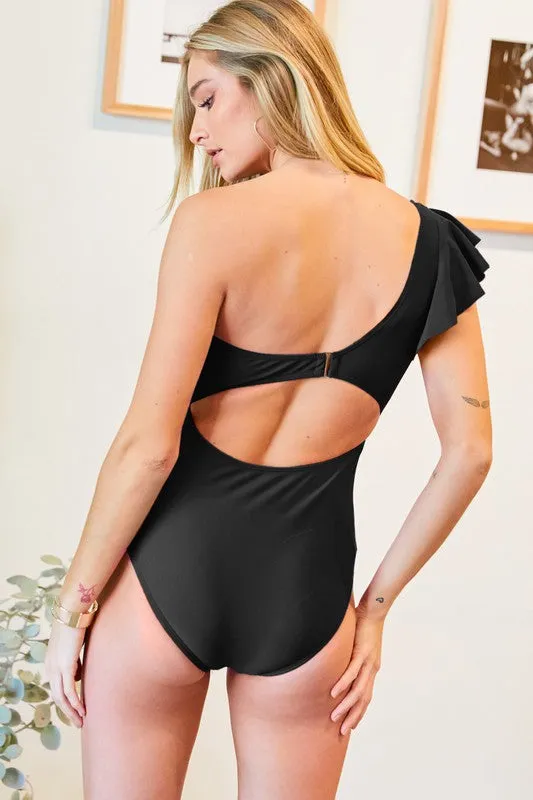 Davi & Dani Solid One Shoulder One Piece Swimsuit