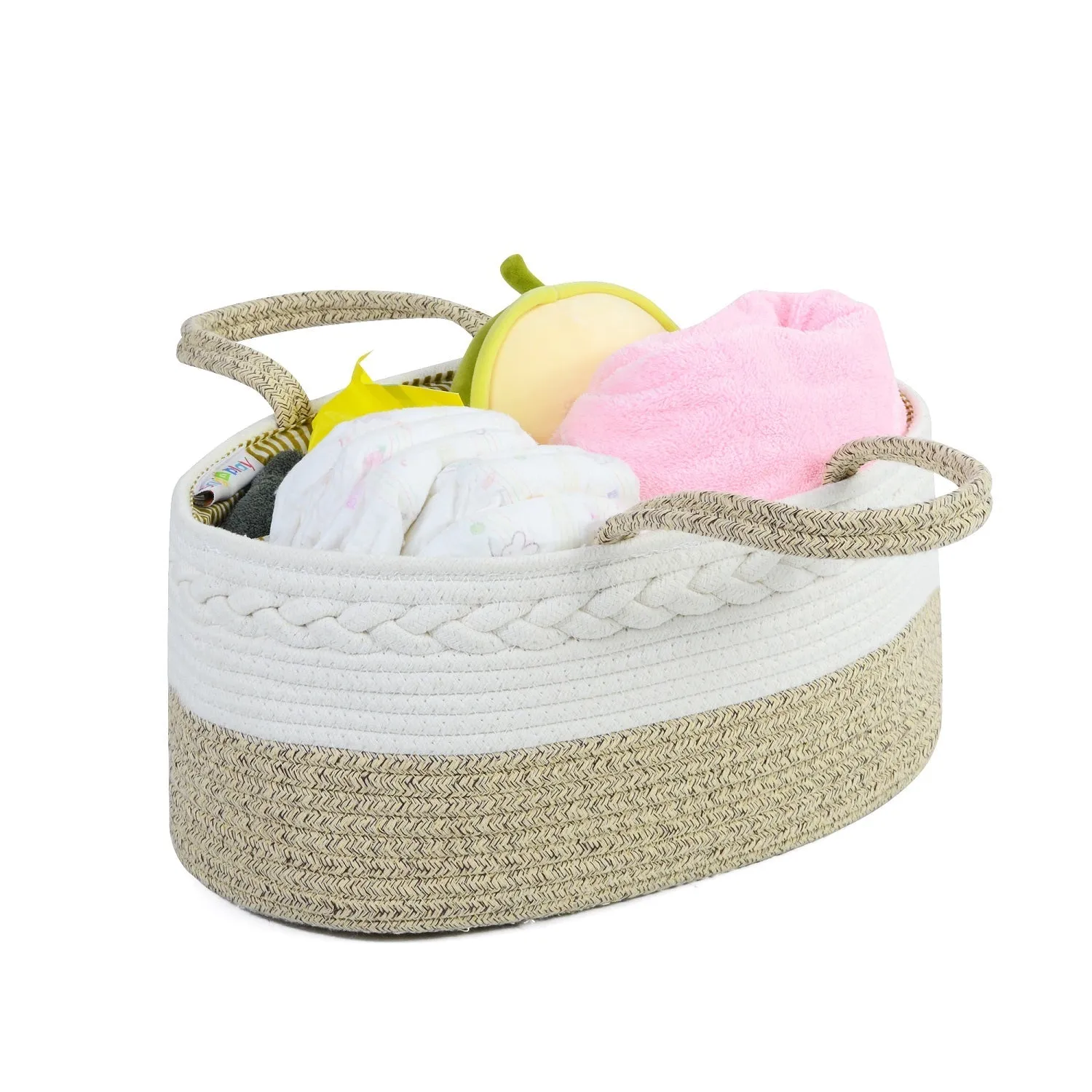 Diaper Caddy | Rope Portable Diaper Organizer Bag | Beige/White | Large