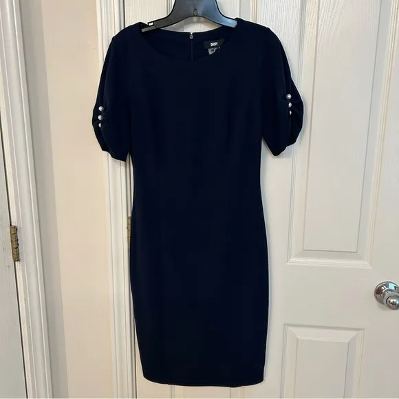 DKNY Pearlized beads Embellished Knee-Length Sheath Dress in Navy Blue Size 4