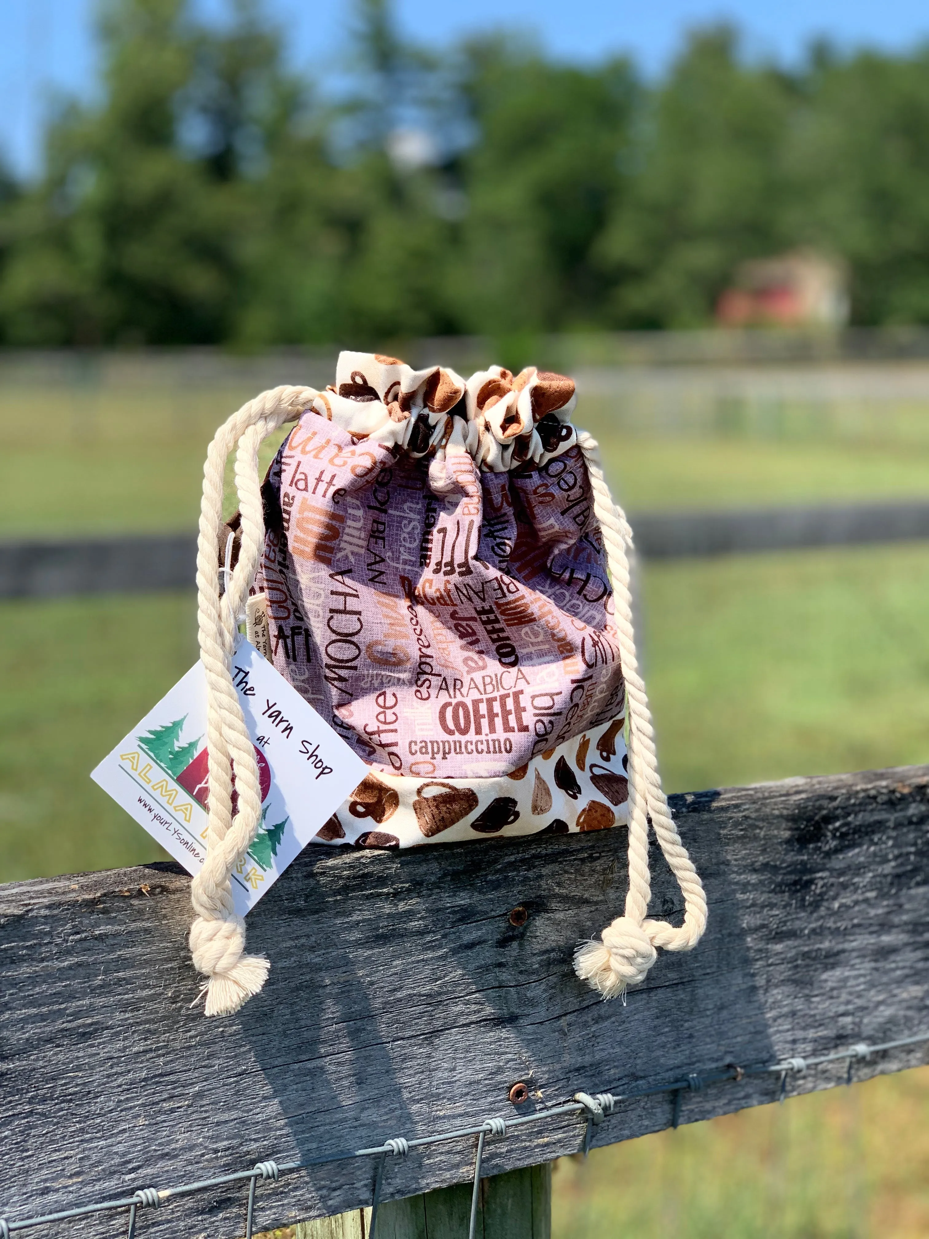 Drawstring Project Bag by Rose (MEDIUM) - COFFEE WORDS & CUPS - 2 tone (brown inside)