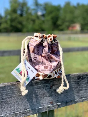 Drawstring Project Bag by Rose (MEDIUM) - COFFEE WORDS & CUPS - 2 tone (brown inside)