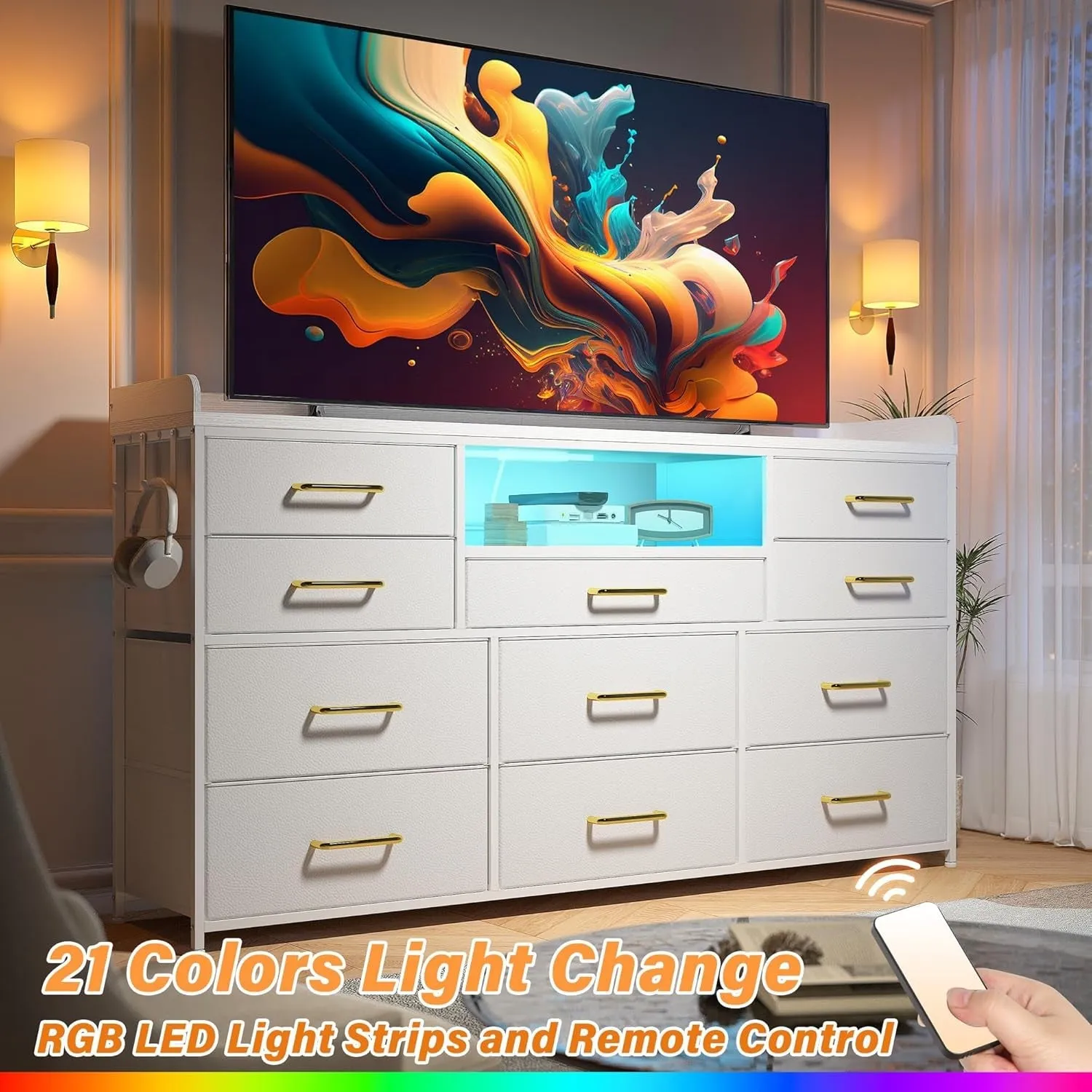 Dresser TV Stand with 11 Drawers for 60" TV Stand for Bedroom with LED