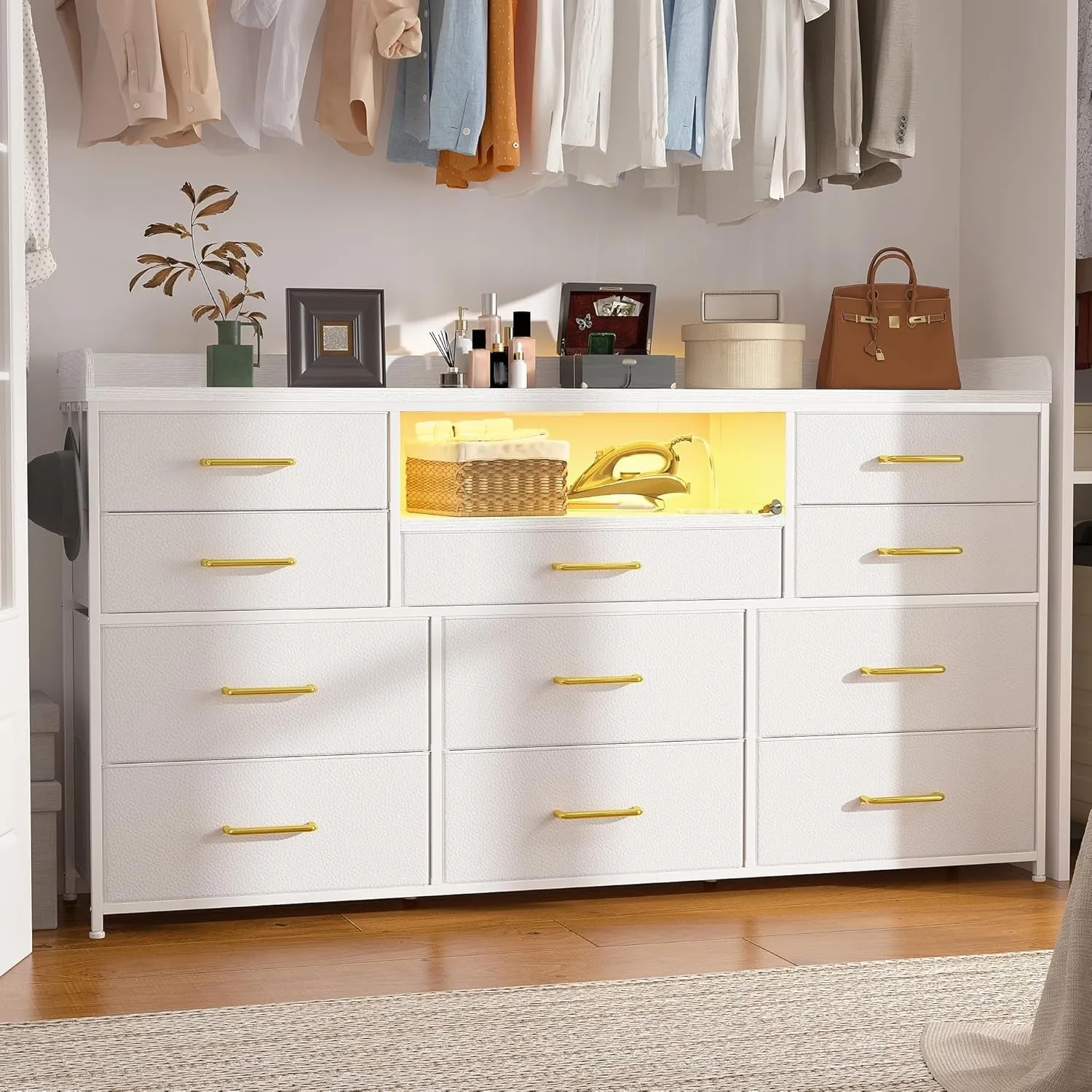 Dresser TV Stand with 11 Drawers for 60" TV Stand for Bedroom with LED