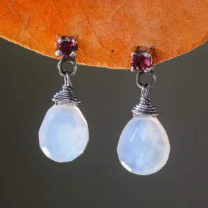 Dyed white chalcedony teardrop faceted earrings with tiny pink tourmaline on the top and sterling silver stud style