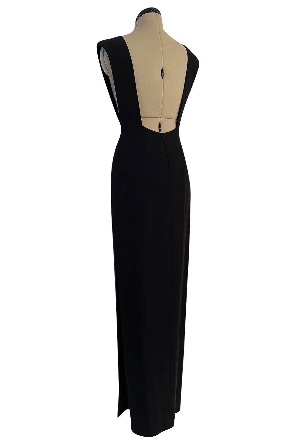 Early 2000s John Anthony Couture Completely Open Back Black Dress w High Side Slit
