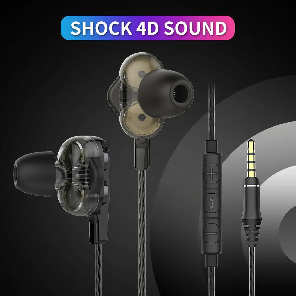 Earphone Dual Dynamic Headphone HiFi Super Bass Stereo Headset Earbuds with Mic