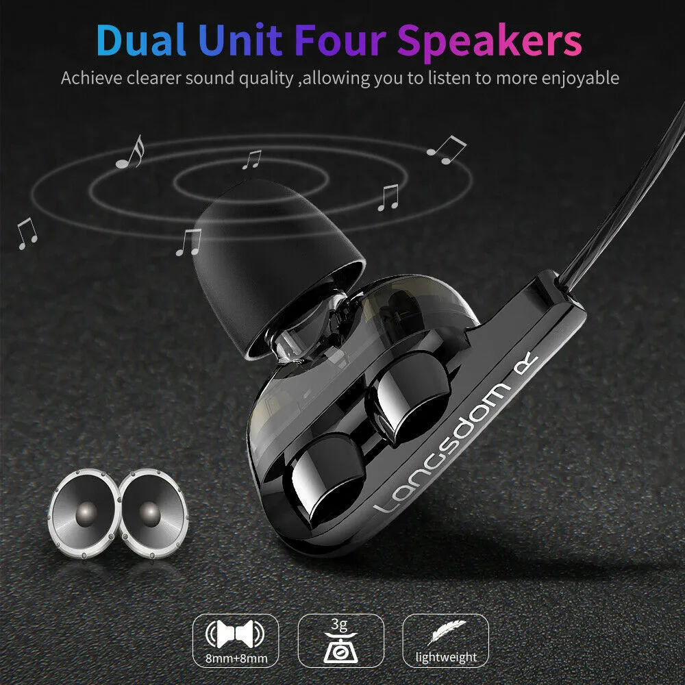 Earphone Dual Dynamic Headphone HiFi Super Bass Stereo Headset Earbuds with Mic