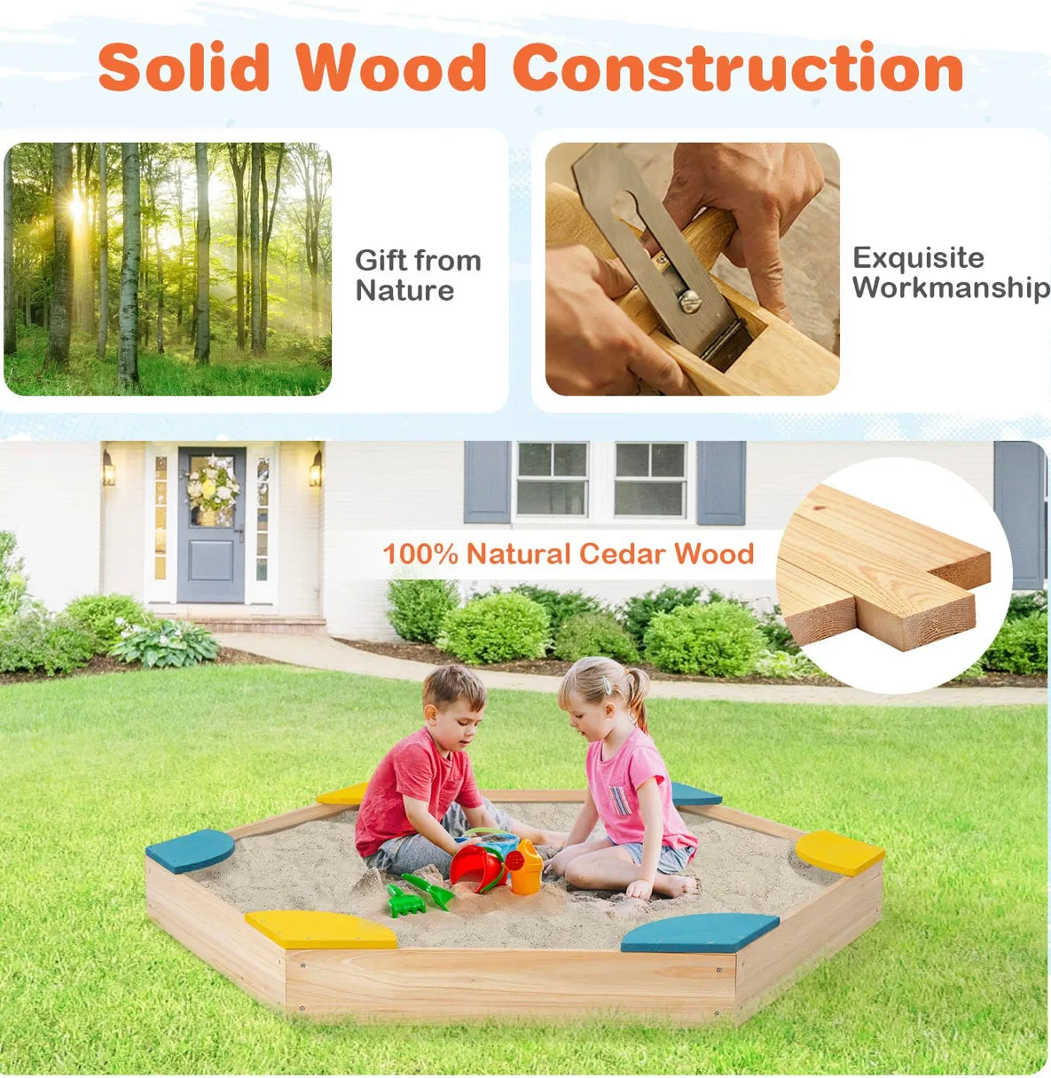 Eco FSC Montessori Cedar Wood  Sandpit | 6 Corner Seats | 140 x 122 cm