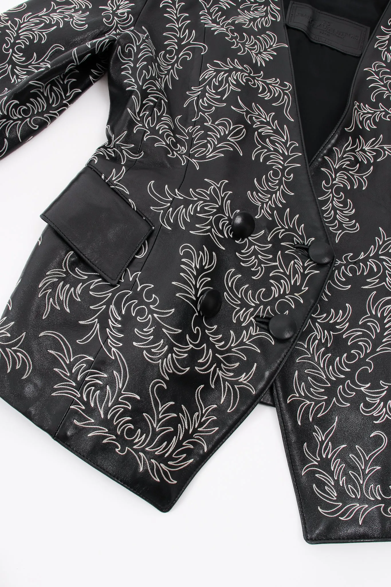 Embroidered Collarless Leather Jacket