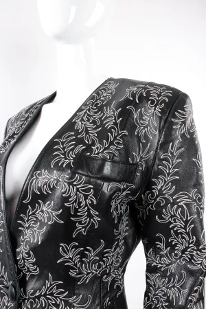 Embroidered Collarless Leather Jacket
