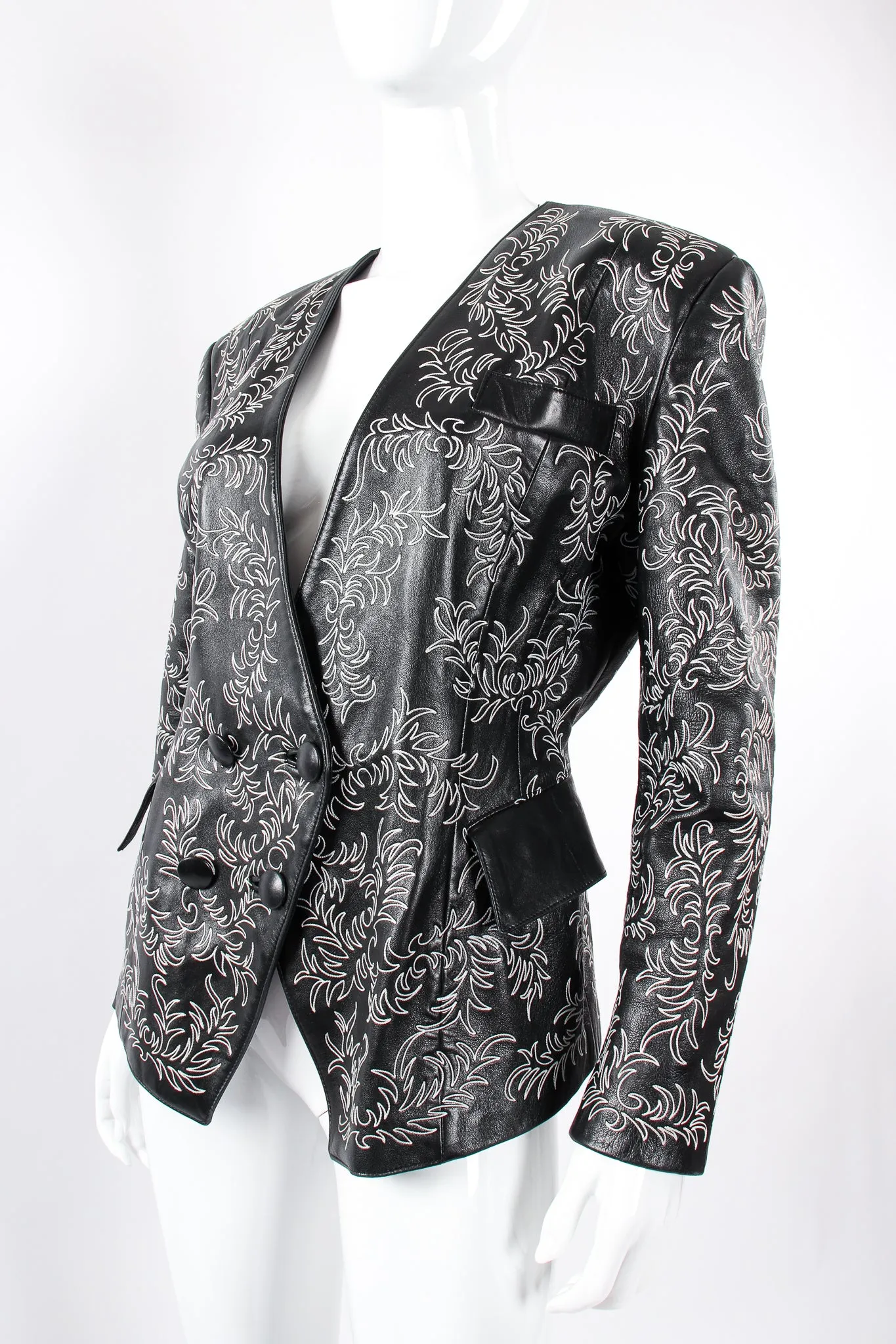 Embroidered Collarless Leather Jacket