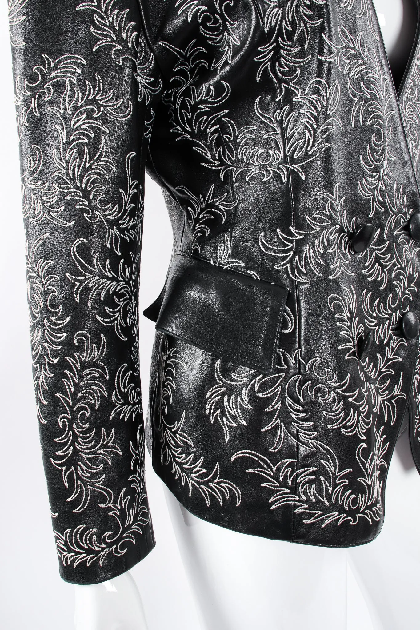 Embroidered Collarless Leather Jacket