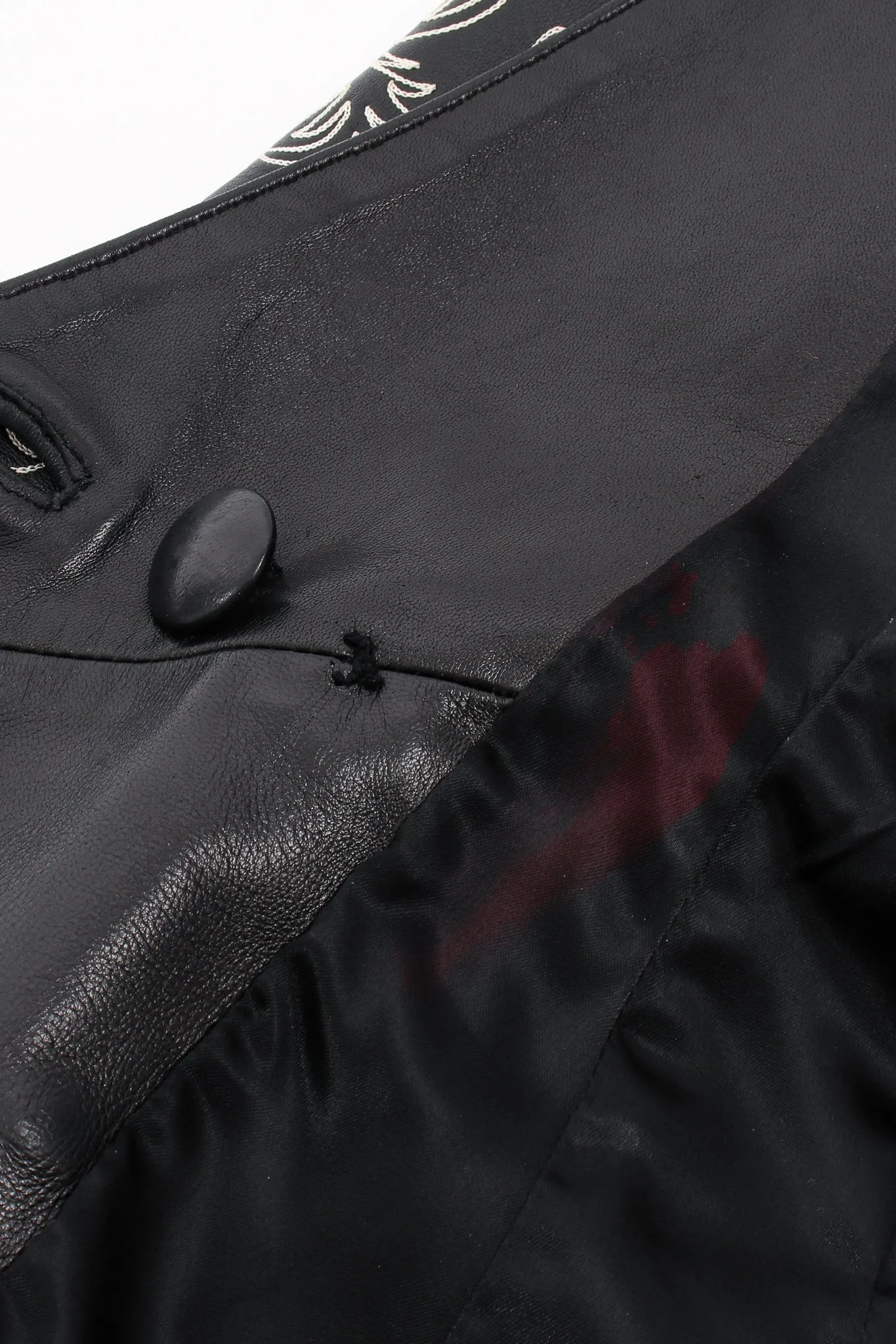 Embroidered Collarless Leather Jacket