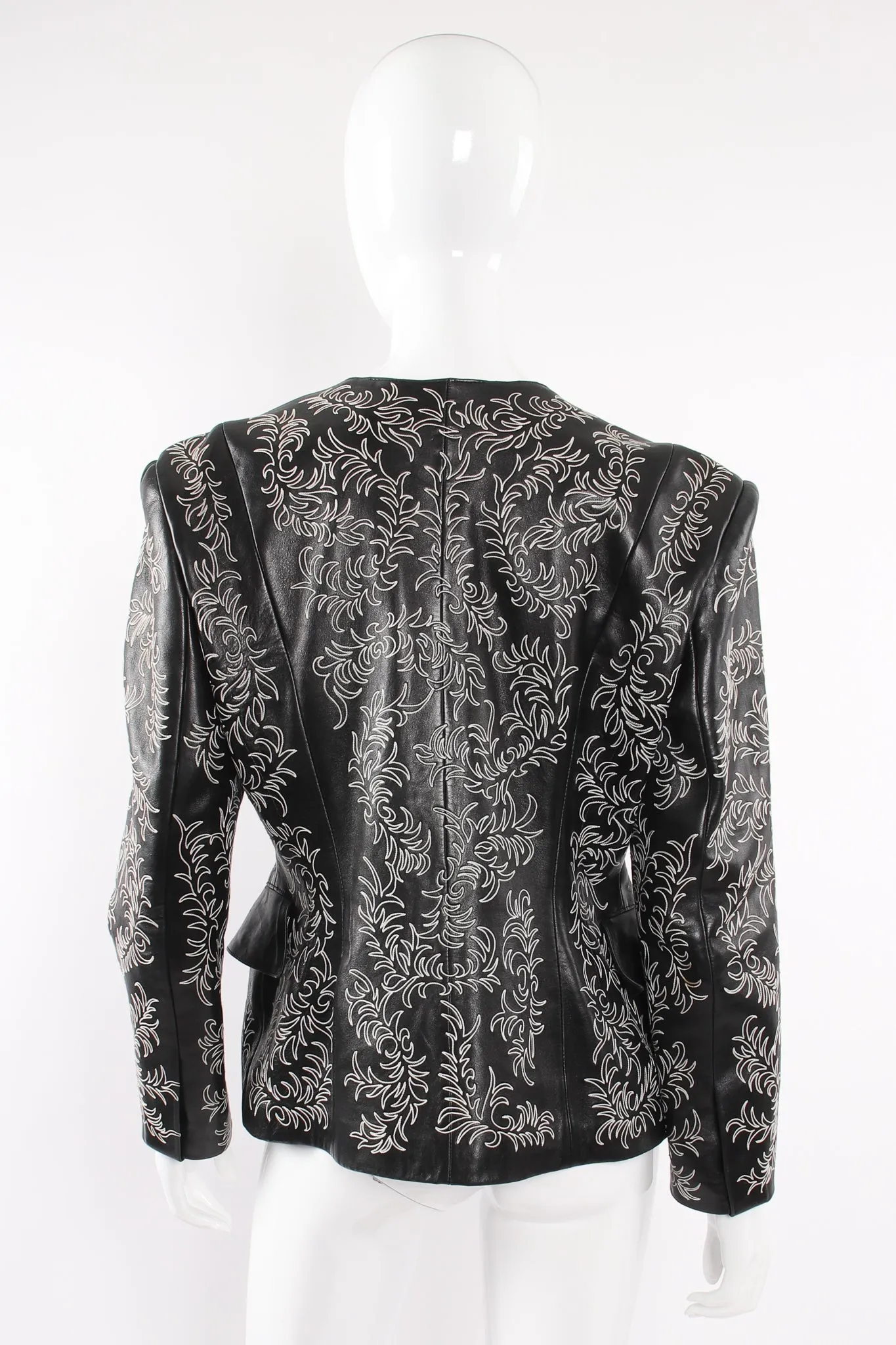 Embroidered Collarless Leather Jacket