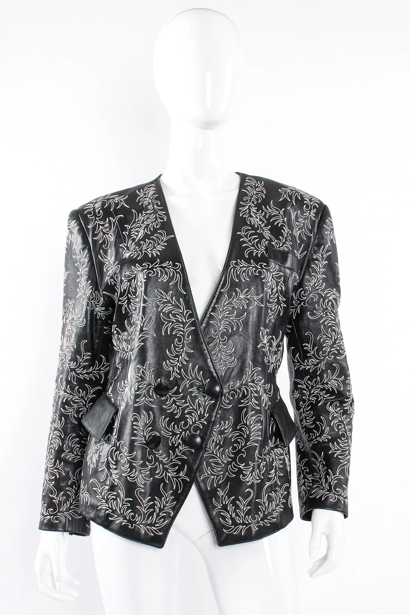Embroidered Collarless Leather Jacket