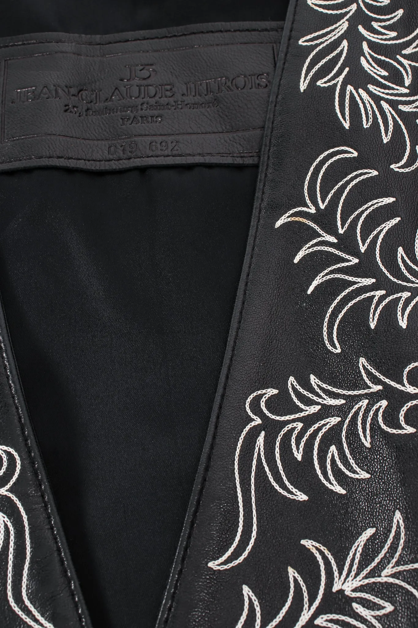 Embroidered Collarless Leather Jacket