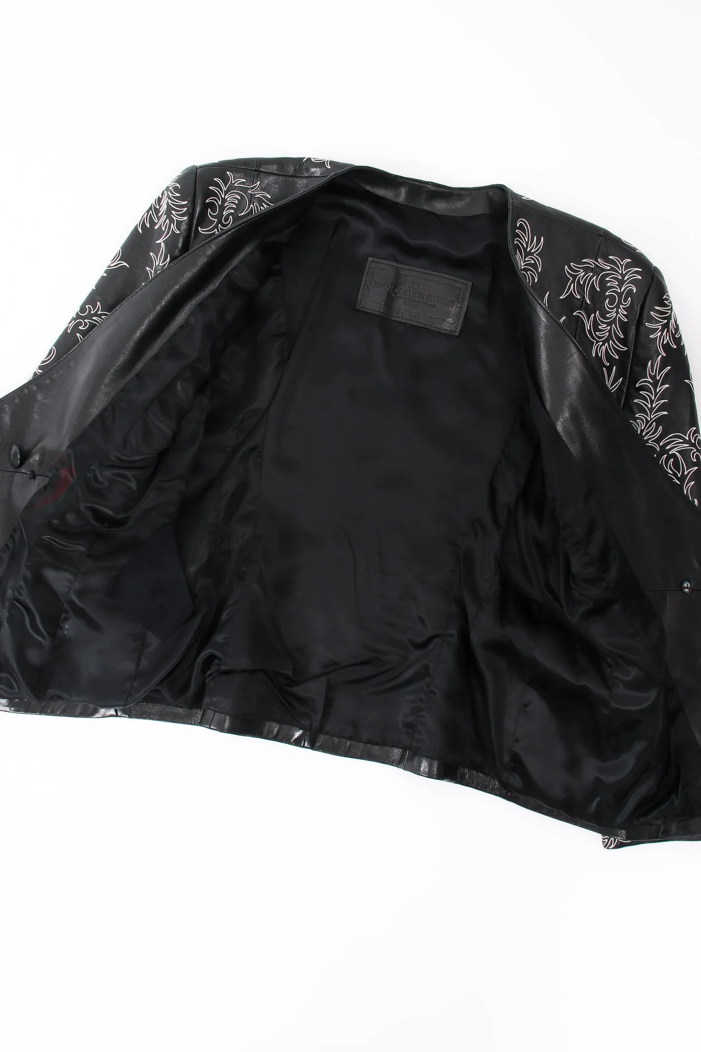 Embroidered Collarless Leather Jacket