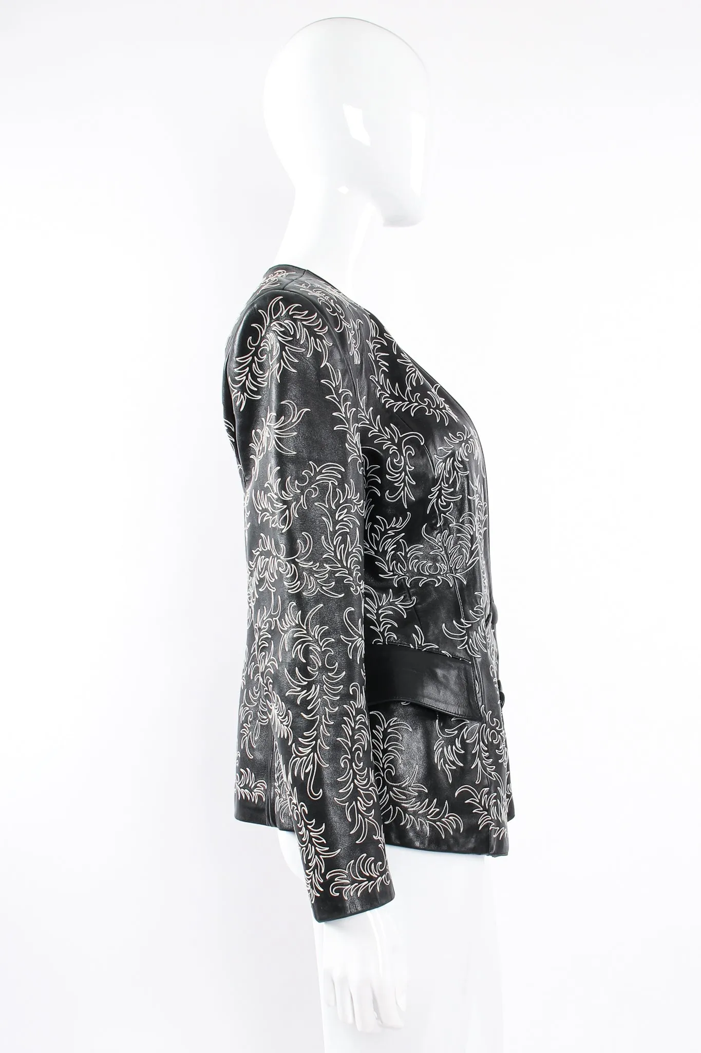 Embroidered Collarless Leather Jacket