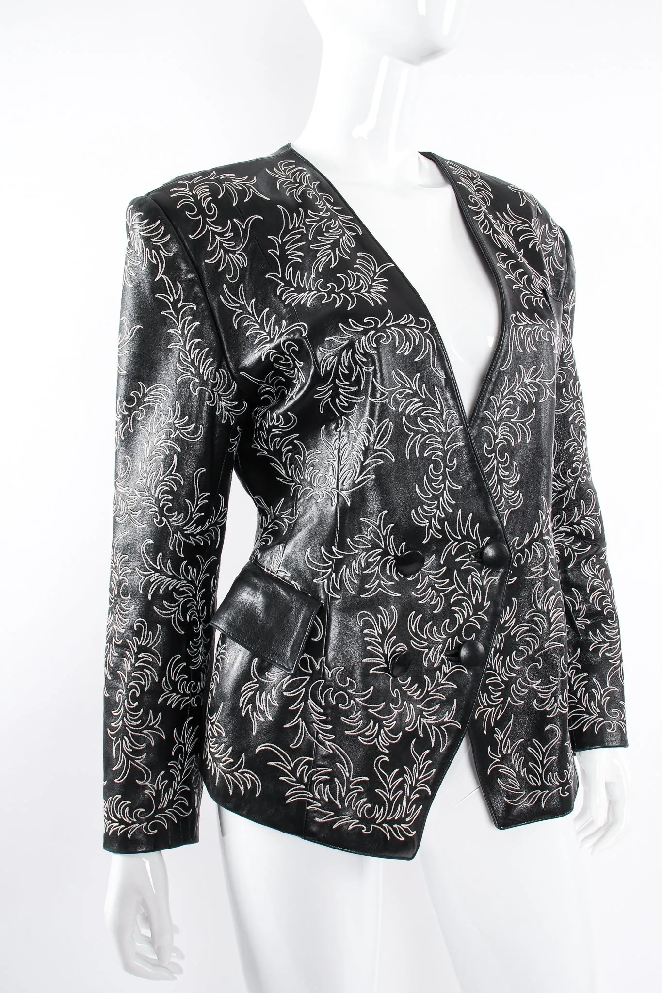 Embroidered Collarless Leather Jacket
