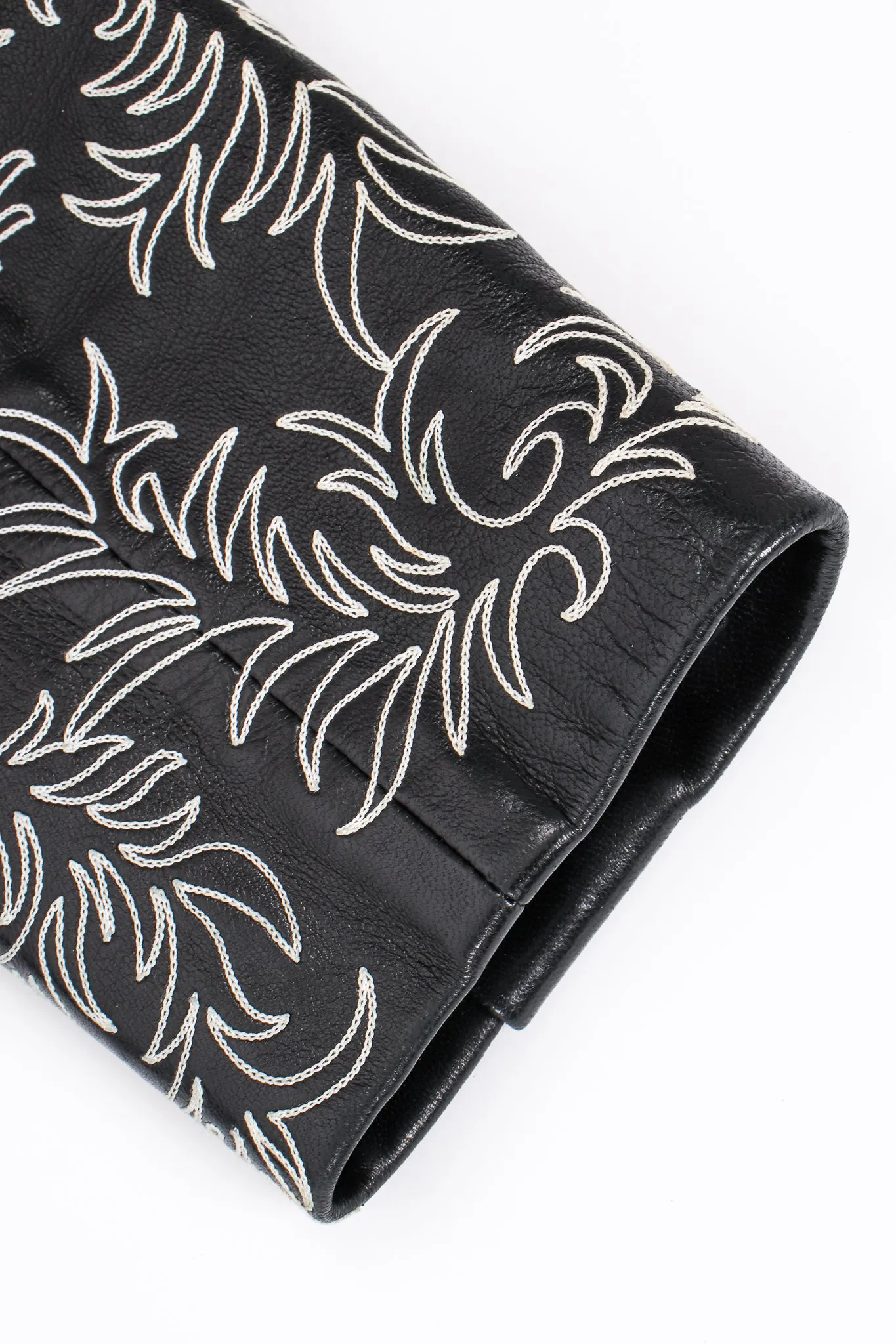 Embroidered Collarless Leather Jacket
