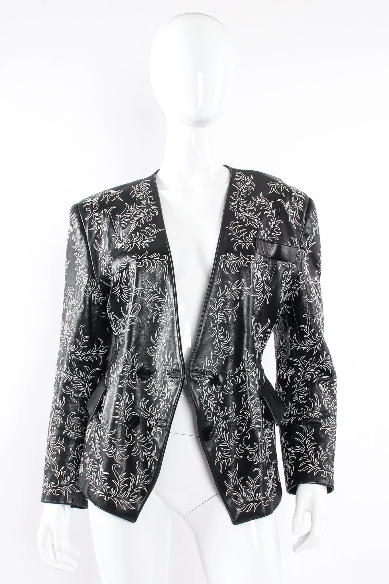 Embroidered Collarless Leather Jacket