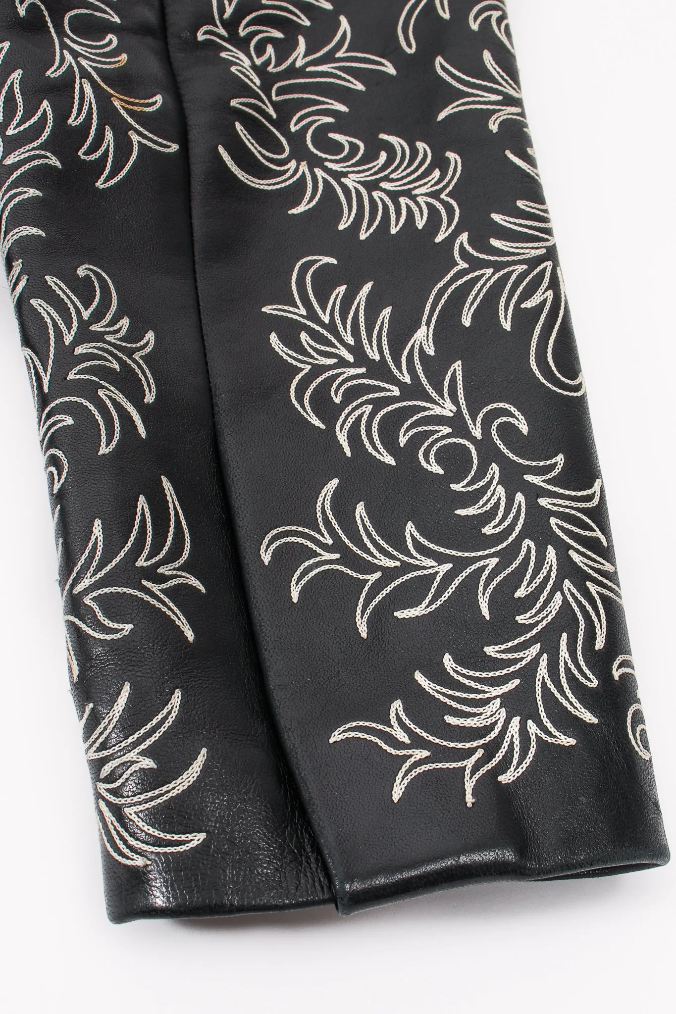 Embroidered Collarless Leather Jacket