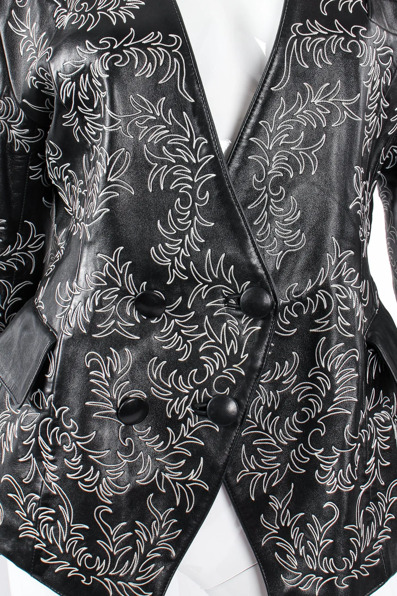 Embroidered Collarless Leather Jacket