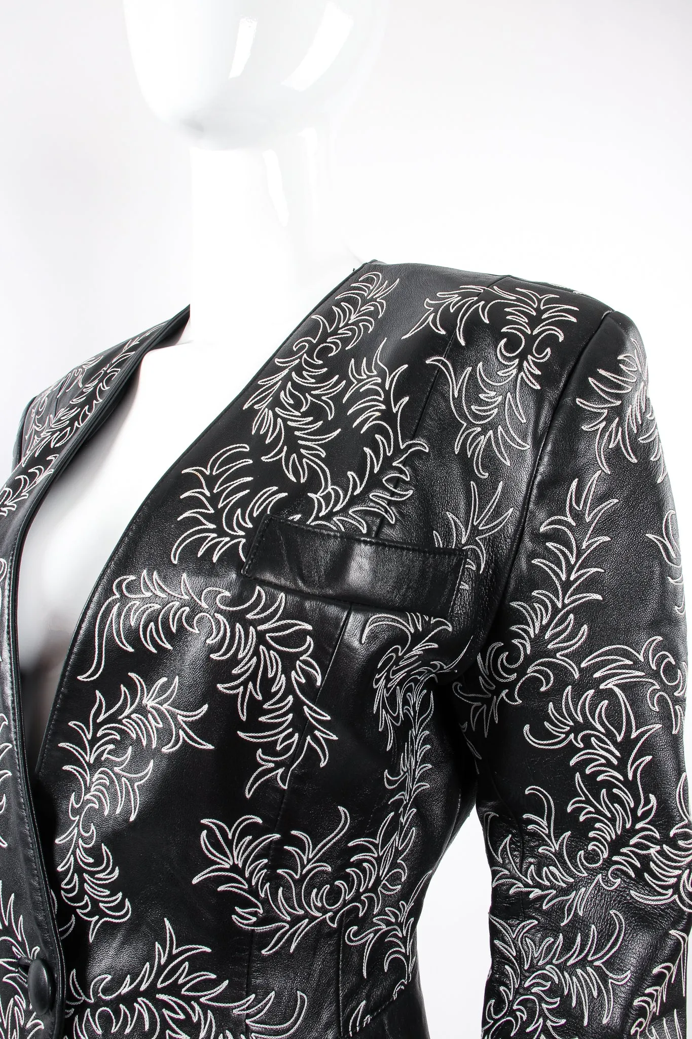 Embroidered Collarless Leather Jacket