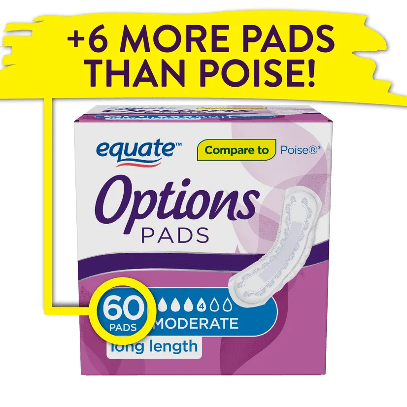 Equate Options Incontinence Pads for Women, Long Length, 60 Ct