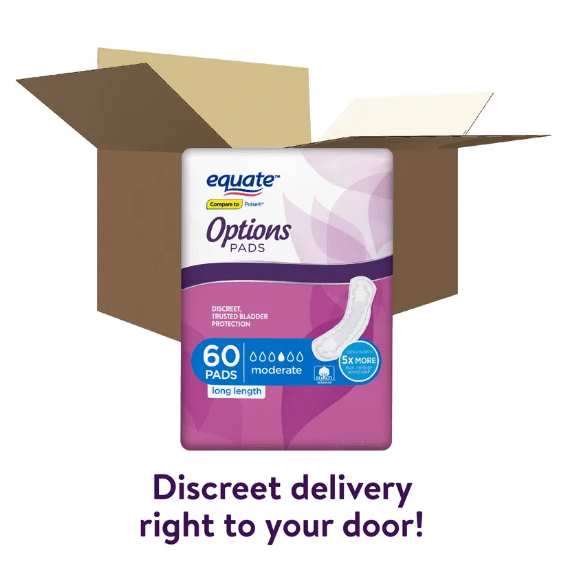 Equate Options Incontinence Pads for Women, Long Length, 60 Ct