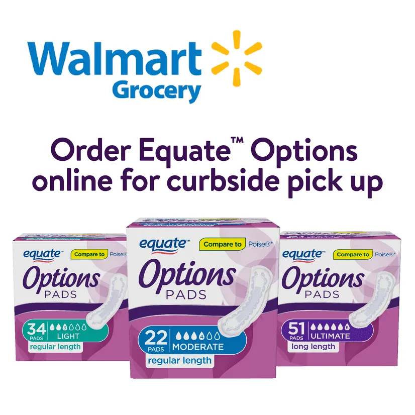 Equate Options Incontinence Pads for Women, Long Length, 60 Ct