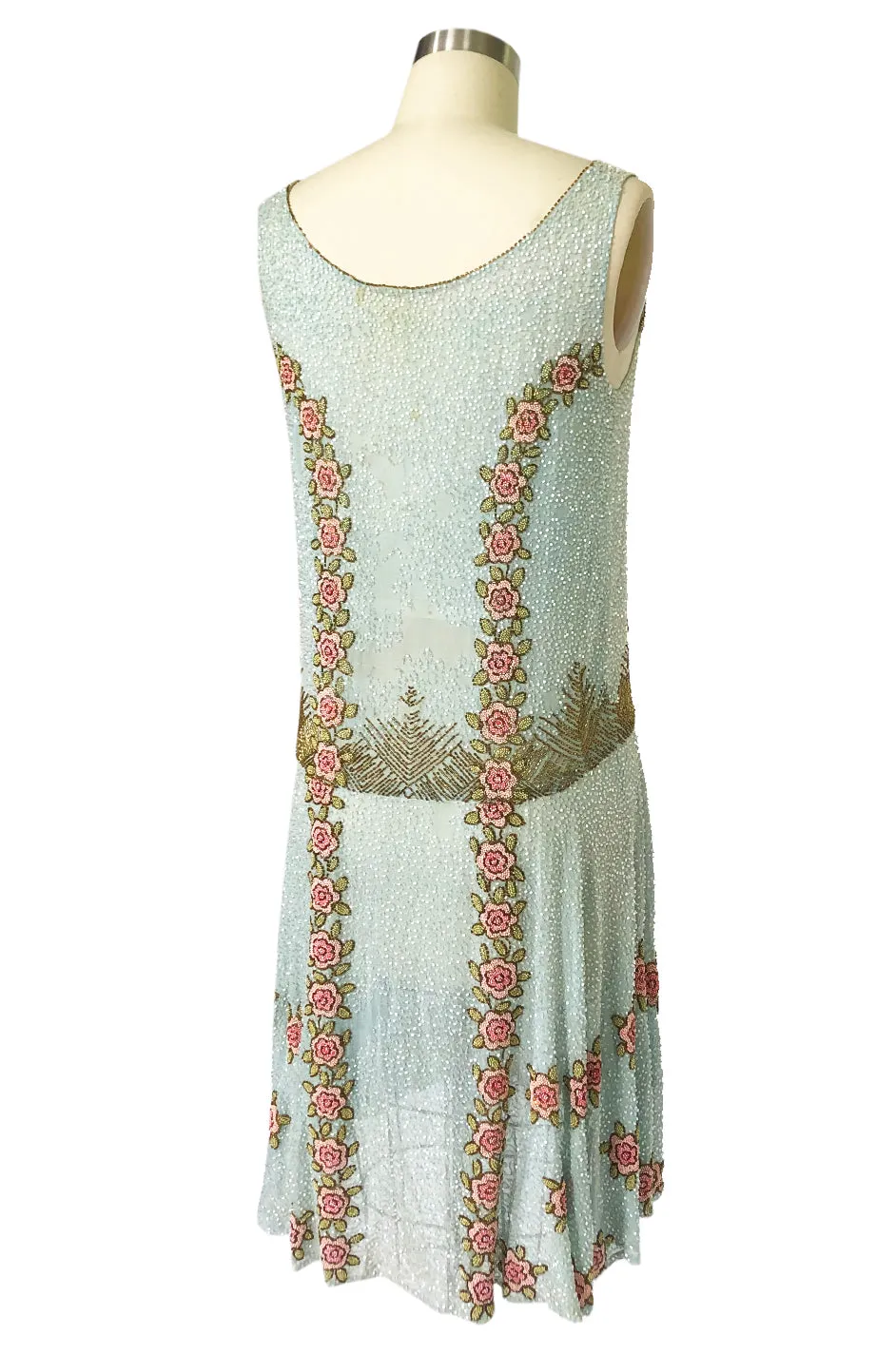 Extraordinary 1920s 3D Pink & Gold Floral Beaded Blue Flapper Dress