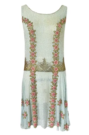 Extraordinary 1920s 3D Pink & Gold Floral Beaded Blue Flapper Dress