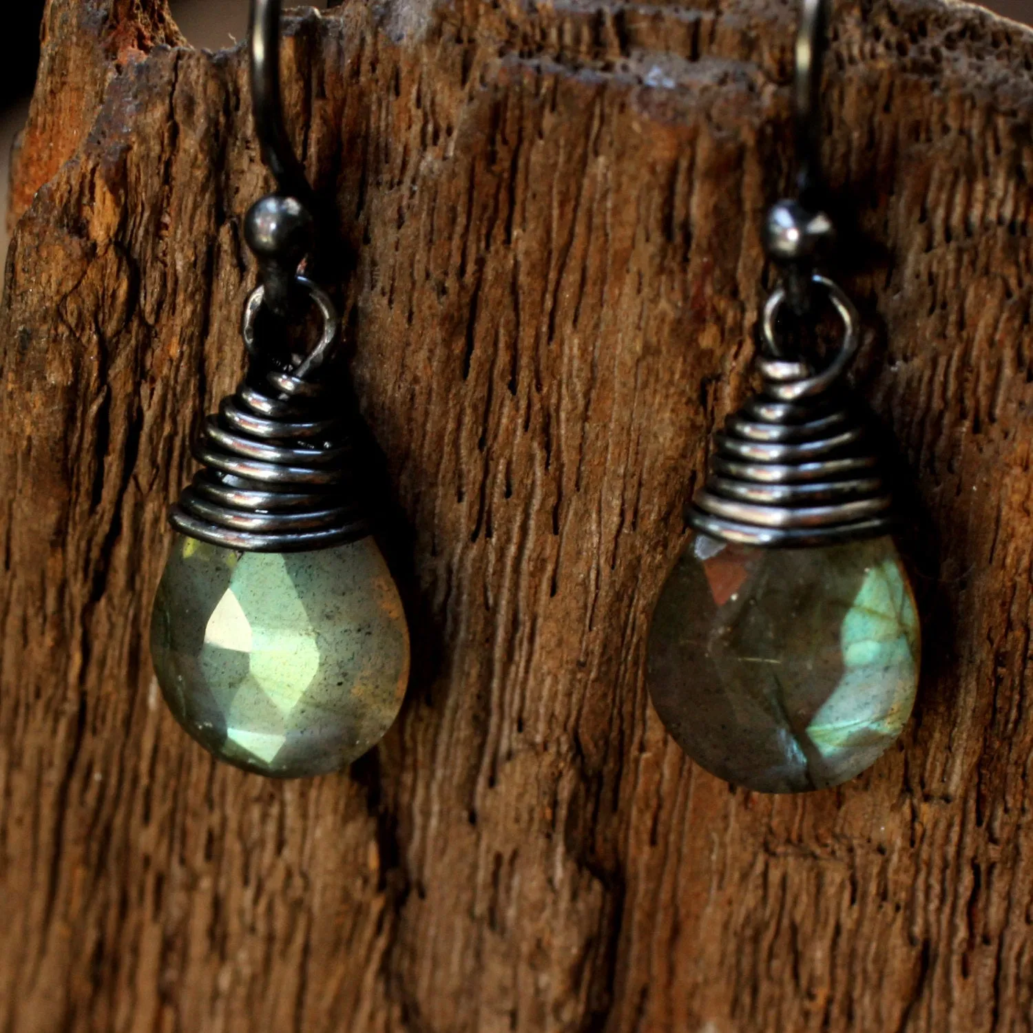 Faceted labradorite drops earrings with oxidized silver wire on sterling silver oxidized hook style