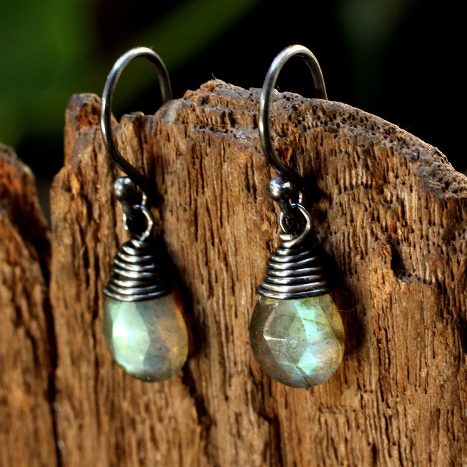 Faceted labradorite drops earrings with oxidized silver wire on sterling silver oxidized hook style